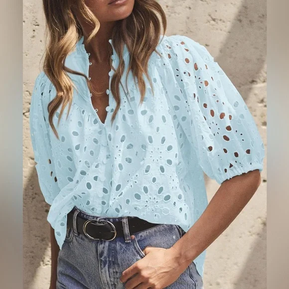 NWT Pretty Garden Eyelet Puff Sleeve Top • XL - Picture 3 of 12